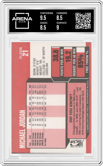 Michael Jordan from the 1989-90 Fleer set graded by Arena Club and given an overall grade of 9.