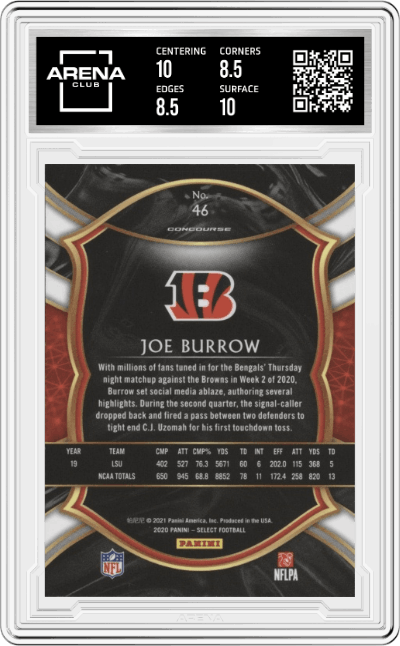 Joe Burrow from the 2020 Panini Select set graded by Arena Club and given an overall grade of 9.