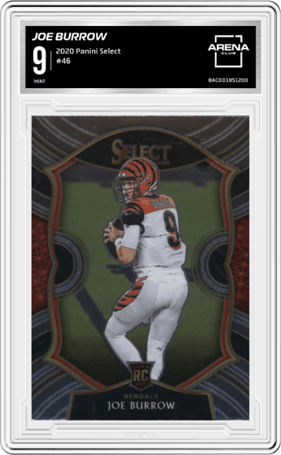 Joe Burrow from the 2020 Panini Select set graded by Arena Club and given an overall grade of 9.
