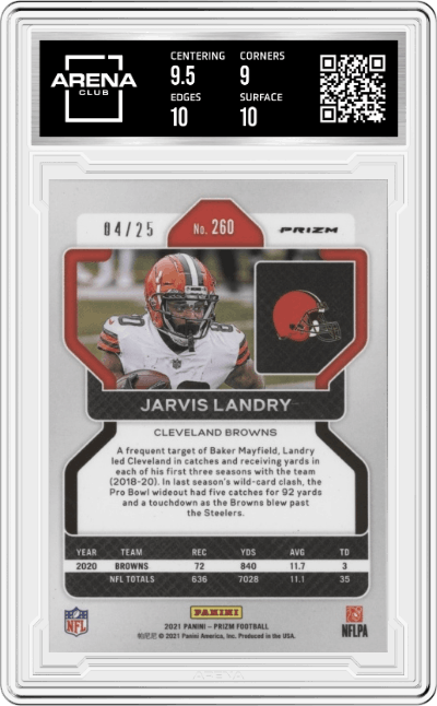 Jarvis Landry from the 2021 Panini Prizm set featuring a Blue Shimmer Prizm parallel graded by Arena Club and given an overall grade of 9.5.