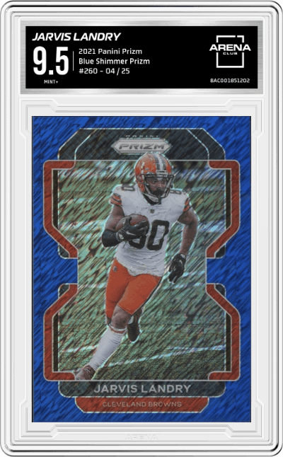 Jarvis Landry from the 2021 Panini Prizm set featuring a Blue Shimmer Prizm parallel graded by Arena Club and given an overall grade of 9.5.