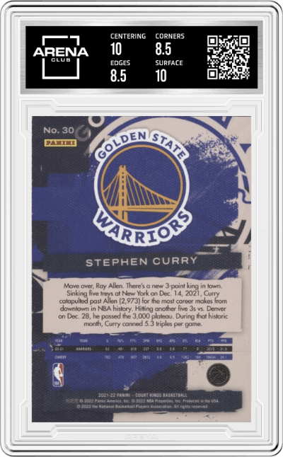 Stephen Curry from the 2021-22 Panini Court Kings set graded by Arena Club and given an overall grade of 9.