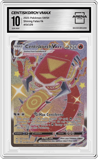 Centiskorch VMAX from the 2021 Pokémon SWSH set graded by Arena Club and given an overall grade of 10.