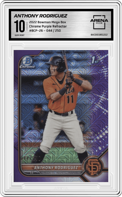 Anthony Rodriguez from the 2022 Bowman Mega Box set featuring a Purple Refractor parallel graded by Arena Club and given an overall grade of 10.