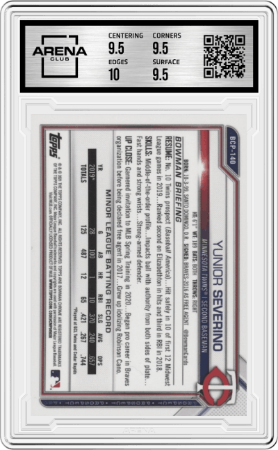 Yunior Severino from the 2021 Bowman Sapphire set featuring a Sapphire Aqua parallel graded by Arena Club and given an overall grade of 10.