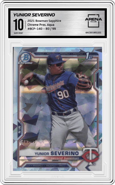 Yunior Severino from the 2021 Bowman Sapphire set featuring a Sapphire Aqua parallel graded by Arena Club and given an overall grade of 10.