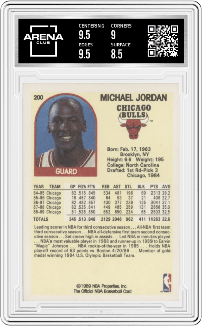 Michael Jordan from the 1989-90 NBA Hoops  set graded by Arena Club and given an overall grade of 9.