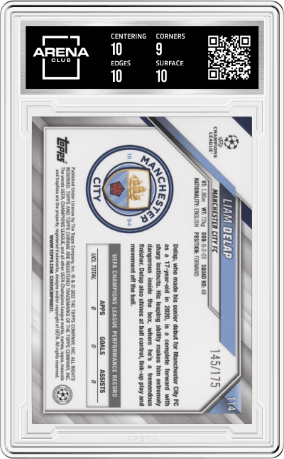 Liam Delap from the 2021-22 Topps Chrome UEFA Champions League set featuring a Pink Refractor  parallel graded by Arena Club and given an overall grade of 9.5.
