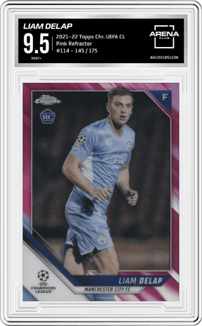 Liam Delap from the 2021-22 Topps Chrome UEFA Champions League set featuring a Pink Refractor  parallel graded by Arena Club and given an overall grade of 9.5.