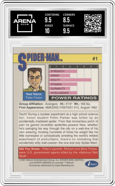 Spider-Man from the 1991 Impel Marvel Universe set graded by Arena Club and given an overall grade of 9.