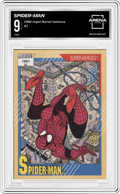 Spider-Man from the 1991 Impel Marvel Universe set graded by Arena Club and given an overall grade of 9.