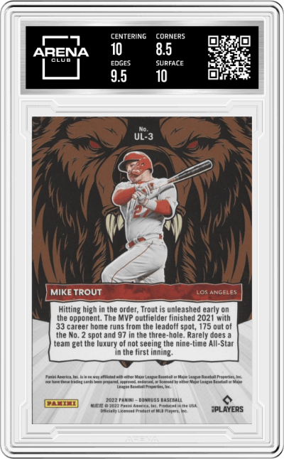 Mike Trout from the 2022 Panini Donruss set featuring a Diamond parallel graded by Arena Club and given an overall grade of 9.
