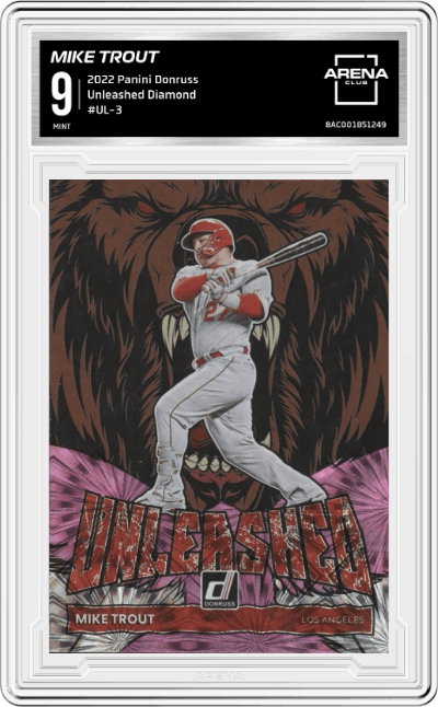 Mike Trout from the 2022 Panini Donruss set featuring a Diamond parallel graded by Arena Club and given an overall grade of 9.