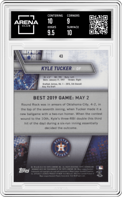 Kyle Tucker from the 2019 Bowman’s Best set graded by Arena Club and given an overall grade of 9.5.