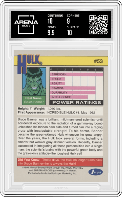 Hulk from the 1991 Impel Marvel Universe set graded by Arena Club and given an overall grade of 9.5.