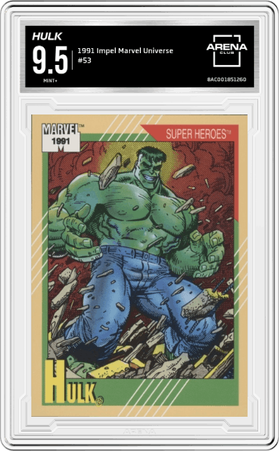 Hulk from the 1991 Impel Marvel Universe set graded by Arena Club and given an overall grade of 9.5.