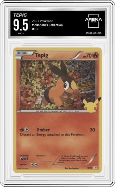 Tepig from the 2021 Pokemon set graded by Arena Club and given an overall grade of 9.5.