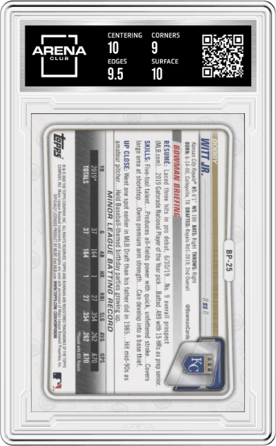 Bobby Witt Jr. from the 2020 Bowman set featuring a Camo parallel graded by Arena Club and given an overall grade of 9.5.