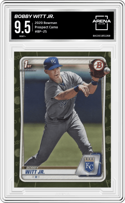 Bobby Witt Jr. from the 2020 Bowman set featuring a Camo parallel graded by Arena Club and given an overall grade of 9.5.