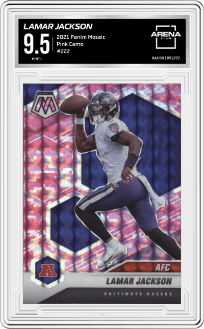 Lamar Jackson from the 2021 Panini Mosaic set featuring a Mosaic Camo Pink parallel graded by Arena Club and given an overall grade of 9.5.