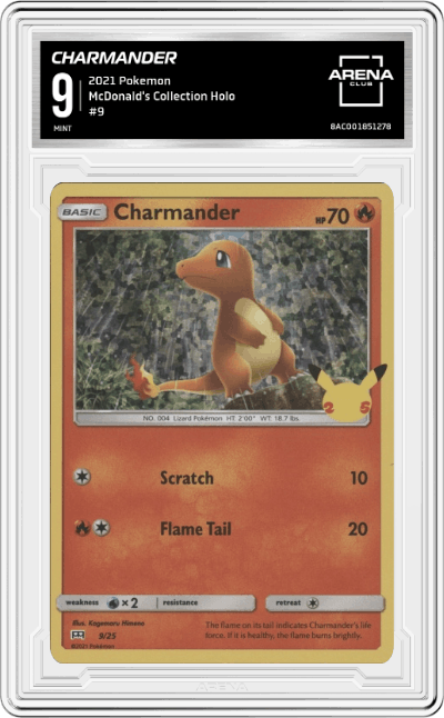 Charmander from the 2021 Pokemon set graded by Arena Club and given an overall grade of 9.