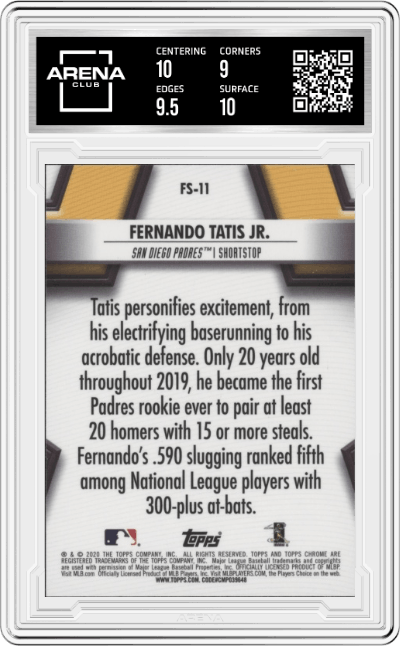 Fernando Tatis Jr. from the 2020 Topps Chrome set graded by Arena Club and given an overall grade of 9.5.