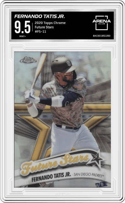 Fernando Tatis Jr. from the 2020 Topps Chrome set graded by Arena Club and given an overall grade of 9.5.