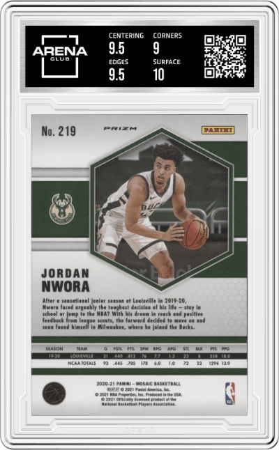 Jordan Nwora from the 2020-21 Panini Mosaic set featuring a Reactive Blue parallel graded by Arena Club and given an overall grade of 9.5.
