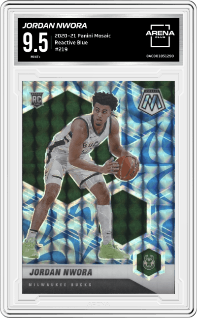Jordan Nwora from the 2020-21 Panini Mosaic set featuring a Reactive Blue parallel graded by Arena Club and given an overall grade of 9.5.