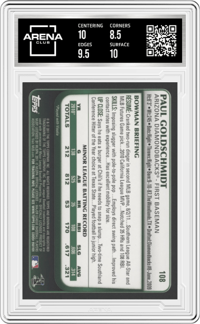 Paul Goldschmidt from the 2011 Bowman Draft Picks & Prospects Baseball set graded by Arena Club and given an overall grade of 9.