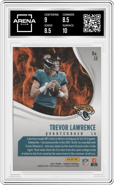 Trevor Lawrence from the 2021 Panini Phoenix set graded by Arena Club and given an overall grade of 9.