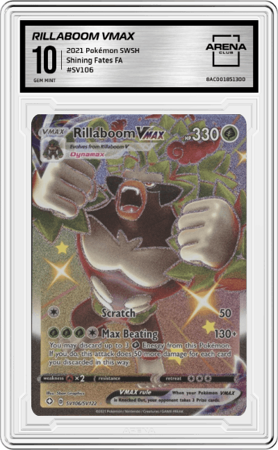 Rillaboom VMAX from the 2021 Pokémon SWSH set graded by Arena Club and given an overall grade of 10.