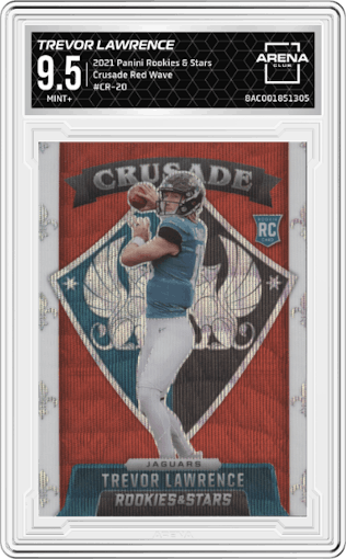 Trevor Lawrence from the 2021 Panini Rookies & Stars set featuring a Red Wave parallel graded by Arena Club and given an overall grade of 9.5.
