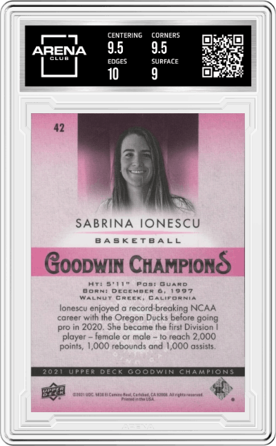 Sabrina Ionescu from the 2021 Upper Deck Goodwin Champions set featuring a Pink Traxx parallel graded by Arena Club and given an overall grade of 9.5.
