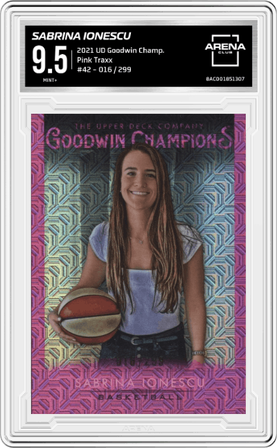 Sabrina Ionescu from the 2021 Upper Deck Goodwin Champions set featuring a Pink Traxx parallel graded by Arena Club and given an overall grade of 9.5.