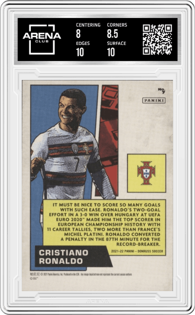 Cristiano Ronaldo from the 2021-22 Panini Donruss Road to Qatar set featuring a Press Proof parallel graded by Arena Club and given an overall grade of 8.5.