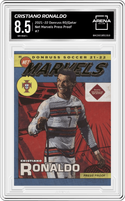 Cristiano Ronaldo from the 2021-22 Panini Donruss Road to Qatar set featuring a Press Proof parallel graded by Arena Club and given an overall grade of 8.5.