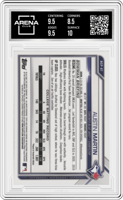 Austin Martin from the 2021 Bowman Sapphire Baseball  set graded by Arena Club and given an overall grade of 9.