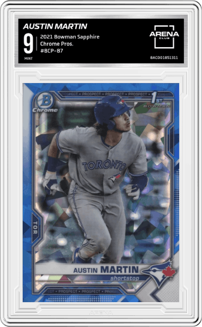Austin Martin from the 2021 Bowman Sapphire Baseball  set graded by Arena Club and given an overall grade of 9.