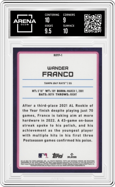 Wander Franco from the 2022 Bowman set graded by Arena Club and given an overall grade of 9.5.
