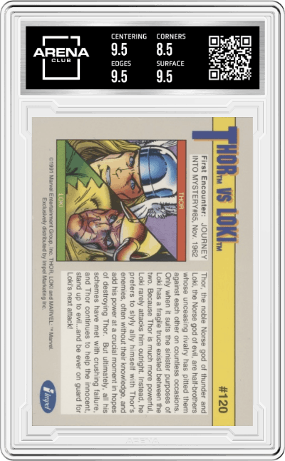 Thor Vs. Loki from the 1991 Impel Marvel Universe set graded by Arena Club and given an overall grade of 9.