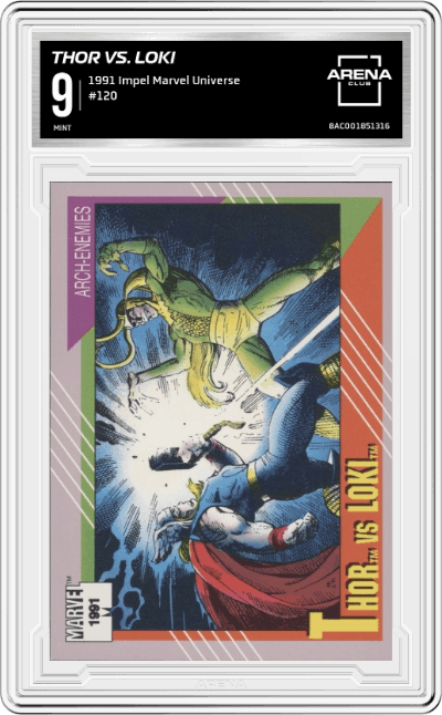 Thor Vs. Loki from the 1991 Impel Marvel Universe set graded by Arena Club and given an overall grade of 9.