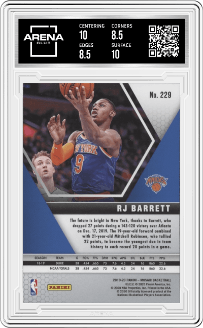 RJ Barrett from the 2019-20 Panini Mosaic  set graded by Arena Club and given an overall grade of 9.