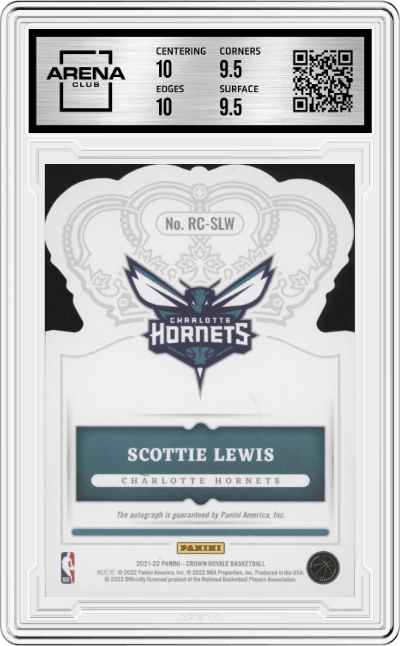 Scottie Lewis from the 2021-22 Crown Royale set featuring a Blue parallel graded by Arena Club and given an overall grade of 10.