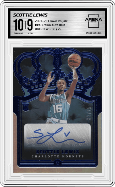 Scottie Lewis from the 2021-22 Crown Royale set featuring a Blue parallel graded by Arena Club and given an overall grade of 10.