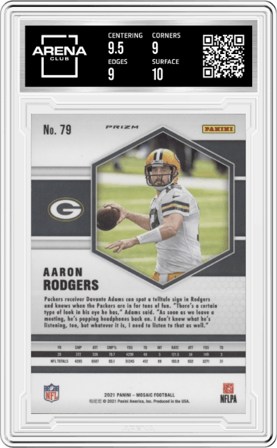 Aaron Rodgers from the 2021 Panini Mosaic set featuring a Pink Camo parallel graded by Arena Club and given an overall grade of 9.5.