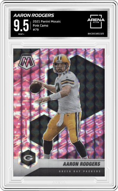 Aaron Rodgers from the 2021 Panini Mosaic set featuring a Pink Camo parallel graded by Arena Club and given an overall grade of 9.5.