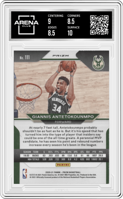 Giannis Antetokounmpo from the 2020-21 Panini Prizm set featuring a Blue Wave Prizm parallel graded by Arena Club and given an overall grade of 9.