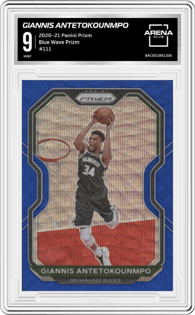 Giannis Antetokounmpo from the 2020-21 Panini Prizm set featuring a Blue Wave Prizm parallel graded by Arena Club and given an overall grade of 9.