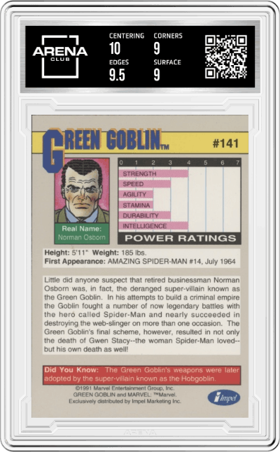 Green Goblin from the 1991 Impel Marvel Universe set graded by Arena Club and given an overall grade of 9.5.
